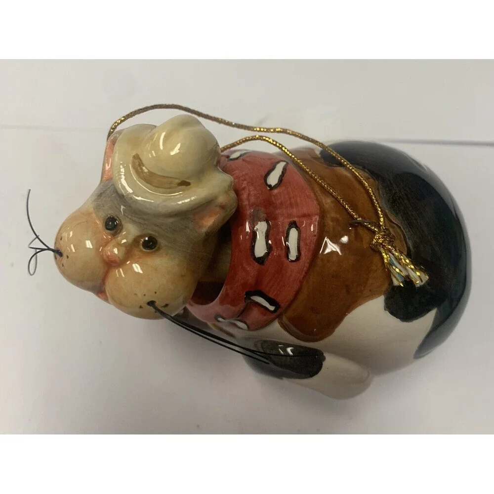 Bobble Head Cat Cowboy Ceramic Christmas Ornament 4”x3”x2”